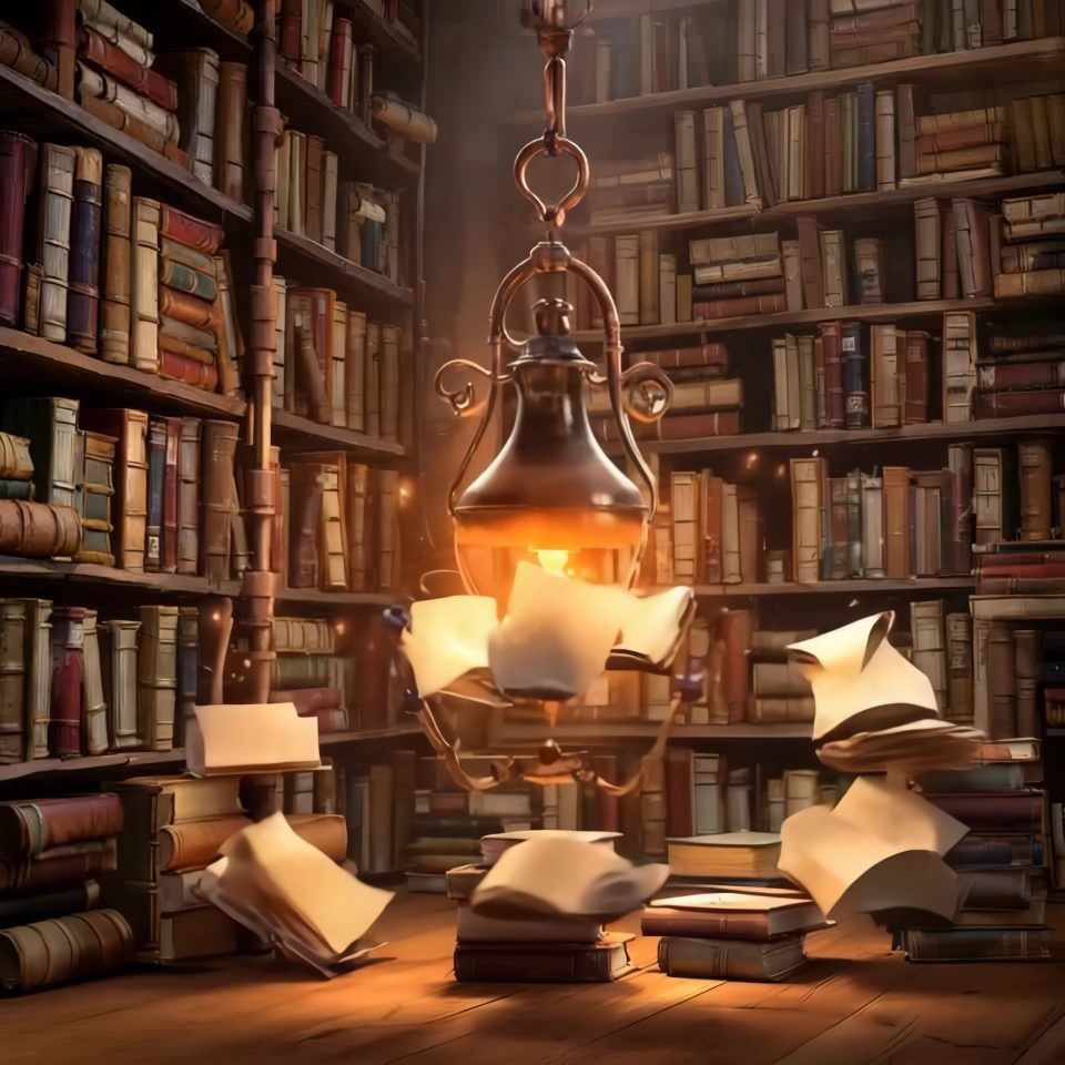 Bücher fliegen unter Lampe in der Bibliothek